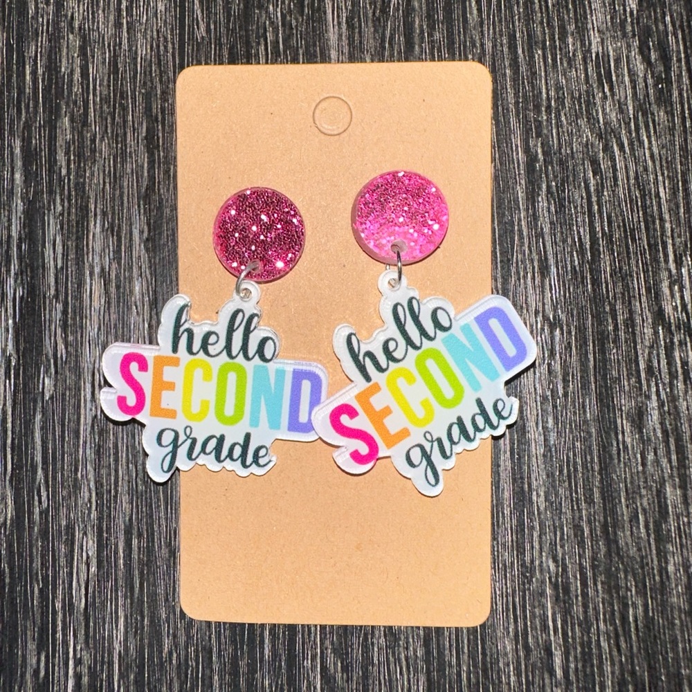 New second grade glitter teacher earrings